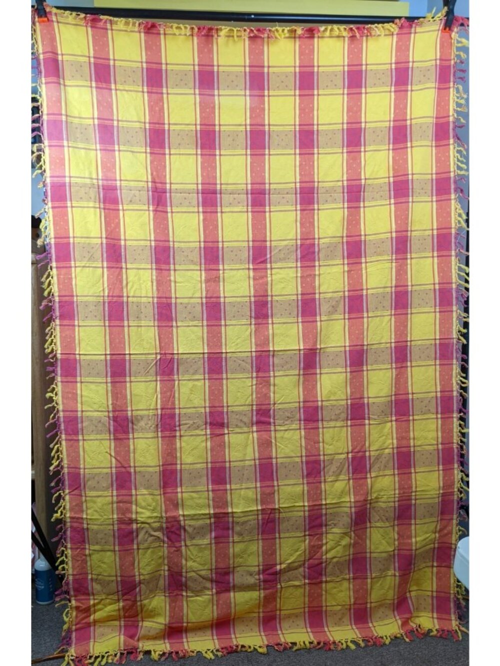 Vintage Indian Cotton Plaid Fringe Tablecloth Rectangle 75" x 50" Multicolor